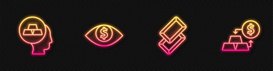 Set line Gold bars, Eye with dollar and exchange money. Glowing neon icon. Vector