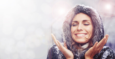 Nature, happy and face of woman with snow for season on vacation or holiday in woods. Travel,...
