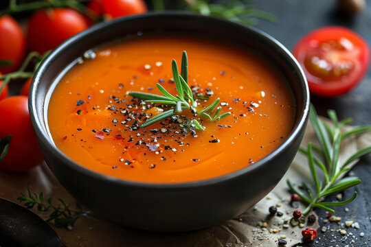 Steaming tomato soup with seasonings