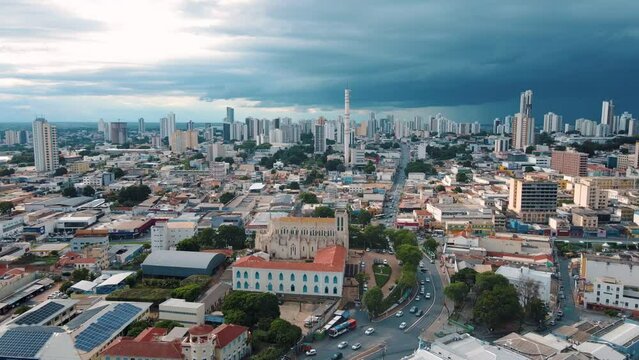 Aerial city scape at sunset in summer in central Cuiaba Mato Grosso