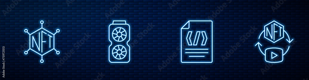 Poster set line binary code, nft blockchain technology, video graphic card and digital crypto art. glowing 