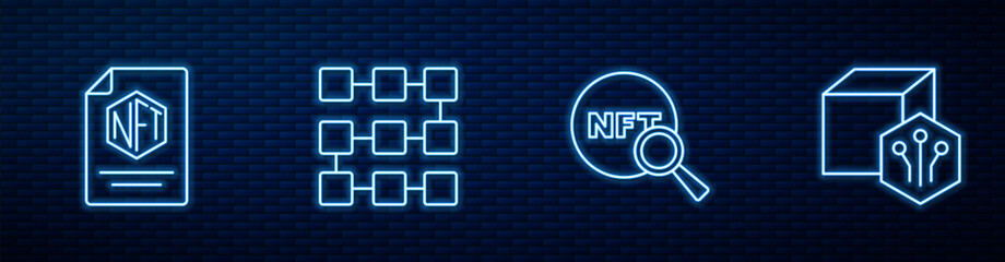 Set line Search NFT, contract, blockchain technology and Digital crypto art. Glowing neon icon on brick wall. Vector