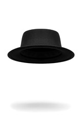 Close-up shot of a black classic felt hat. The casual felt hat is isolated on a white background. Front view.