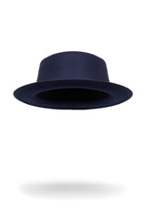 Close-up shot of a dark blau classic felt hat. The casual felt hat is isolated on a white background. Front view.