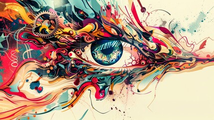 Multicolored vibrant explosion of abstract shapes centered around a detailed eye illustration