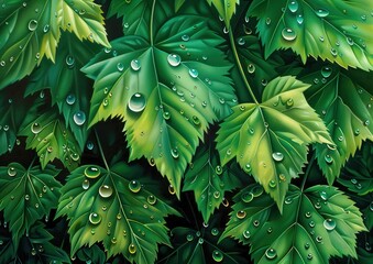 A Serene Tapestry of Nature. Dew-Kissed Leaves in the Early Morning Light, a Symbol of New Beginnings and Growth