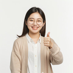 Happy smiling young Asian female teacher in a cardigan and white shirt