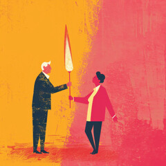Colorful Line Illustration of Mentor Passing Torch to Mentee Gen AI