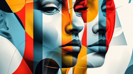 Multiple overlapping faces in a modern abstract style, featuring geometric shapes and a cool color palette - obrazy, fototapety, plakaty