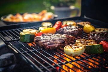 Assorted delicious grilled meat with vegetables over the coals on a barbecue