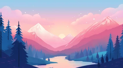 Poster Majestic Mountains at Dusk. Tranquil Lake and Enchanting Forest Under Pink Sunset Sky © PELK