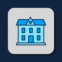 Filled outline School building icon isolated on blue background. Vector