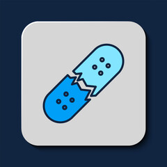 Filled outline Broken skateboard deck icon isolated on blue background. Extreme sport. Sport equipment. Vector