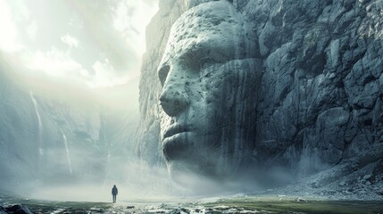 An immense mountain side sculpted into a giant solemn face watches over a solitary human figure in awe - obrazy, fototapety, plakaty