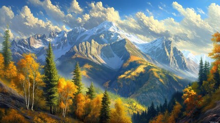 Majestic Autumn Mountains. Snow-Capped Peaks Amid Vibrant Forest