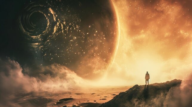 A breathtaking landscape of interstellar space featuring planets, a starry sky, and a lone observer gazing into the cosmos