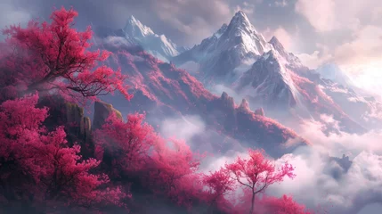 Tableaux ronds sur aluminium Matin avec brouillard Mystical Mountain Landscape Adorned with Blossoming Pink Trees Amidst a Sea of Cloud