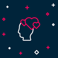 Line Human head with heart icon isolated on blue background. Love concept with human head. Colorful outline concept. Vector