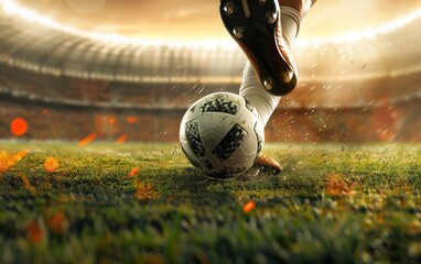 close up shot of soccer player hits a ball - obrazy, fototapety, plakaty