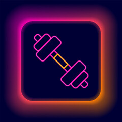 Glowing neon line Dumbbell icon isolated on black background. Muscle lifting icon, fitness barbell, gym, sports equipment, exercise bumbbell. Colorful outline concept. Vector