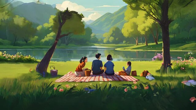 A family seated on a red and white checkered blanket spread by the riverbank in a verdant park, depicted enjoying a picnic on a gentle spring day.
