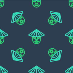 Line Asian or Chinese conical straw hat icon isolated seamless pattern on blue background. Chinese man. Vector