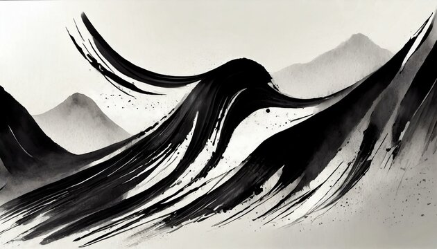 black and white portrait of a girl, Black ink brush stroke on white background. Abstract background in Japanese style. 