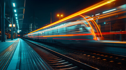train at night in a city driving in motion with light trails at a railway station