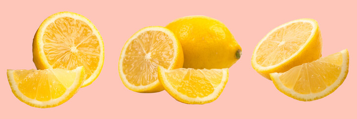 Fresh, juicy Lemon isolated on a pink background. panorama, banner.