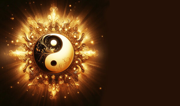 artistic illustration of china symbol yin yang in gold, white, black and brown tonality with copy space 