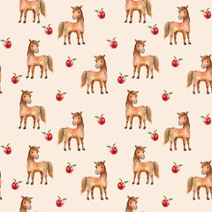Cute seamless pattern with horses and red apples in watercolor style, pattern for design, farm theme 