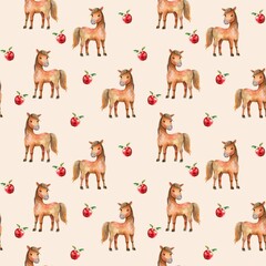 Fototapeta premium Cute seamless pattern with horses and red apples in watercolor style, pattern for design, farm theme 