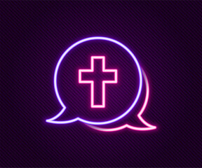 Obraz premium Glowing neon line Christian cross icon isolated on black background. Church cross. Colorful outline concept. Vector