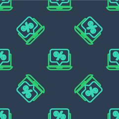 Line Percent discount and laptop icon isolated seamless pattern on blue background. Sale percentage - price label, tag. Vector