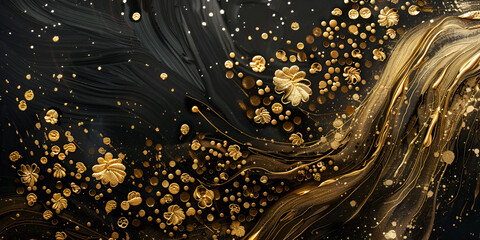 Damascus steel space time in Spectacular dark black and gold ink swirled around digital art 3d illustration Black and gold liquid paint flowing in flow texture.