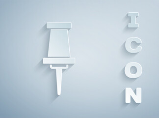 Paper cut Push pin icon isolated on grey background. Thumbtacks sign. Paper art style. Vector