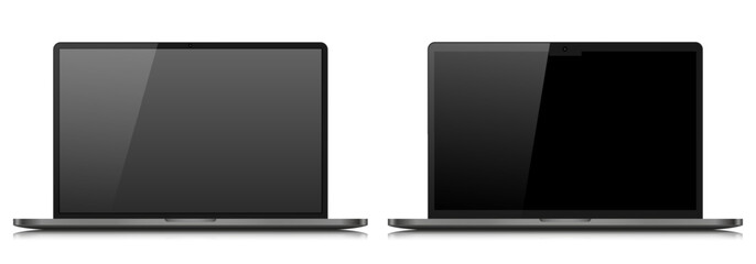 A set of realistic laptops in a metal case with reflection. Layouts of two laptops with black screens. Vector illustration.