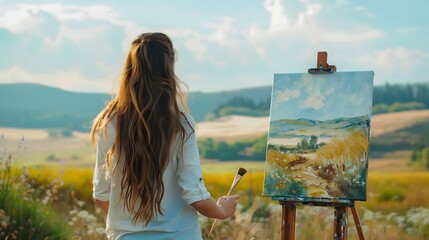 Artist Painting Landscape En Plein Air with Easel