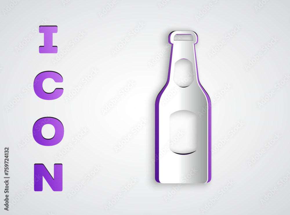 Poster Paper cut Beer bottle icon isolated on grey background. Paper art style. Vector