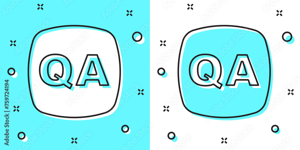 Poster black line speech bubbles with question and answer icon isolated on green and white background. q an