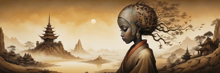 Panorama - Gemälde in sepia - Landschaft - Surrealismus - Meditierendes Mädchen