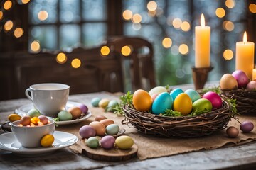 Ein festlicher Ostertisch mit vielen bunten Ostereiern