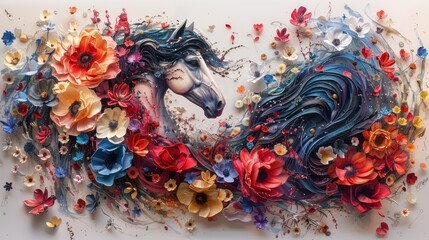 Horse made of flowers water painting - obrazy, fototapety, plakaty