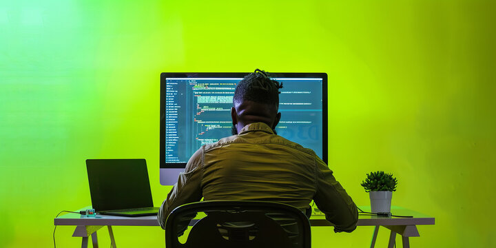 Silhouette of a male software developer working on code on a computer screen with a vivid green background