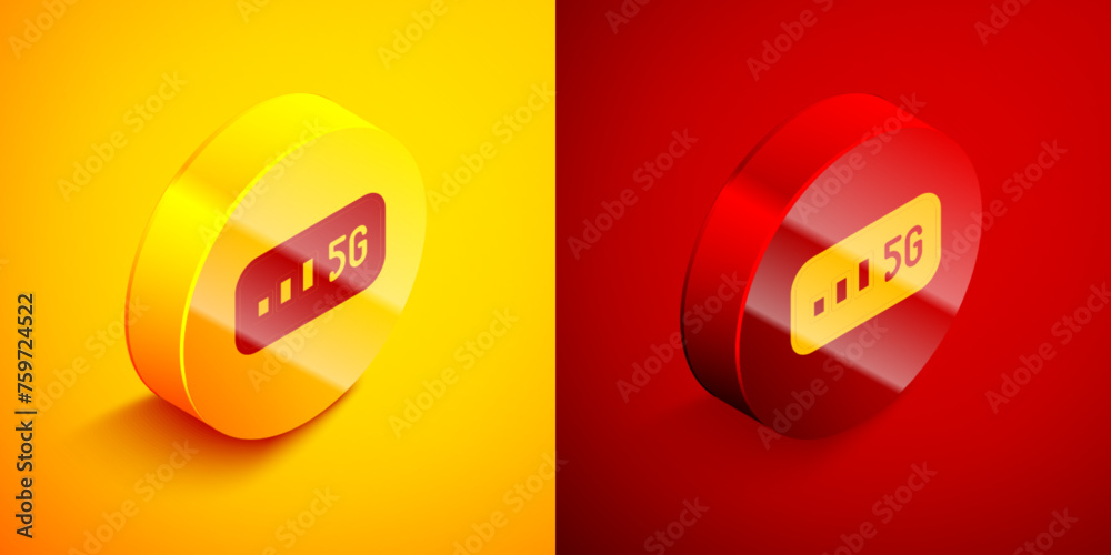 Poster isometric 5g new wireless internet wifi connection icon isolated on orange and red background. globa