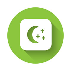 White Moon and stars icon isolated with long shadow background. Cloudy night sign. Sleep dreams symbol. Full moon. Night or bed time sign. Green circle button. Vector