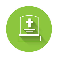 White Grave with tombstone icon isolated with long shadow background. Green circle button. Vector