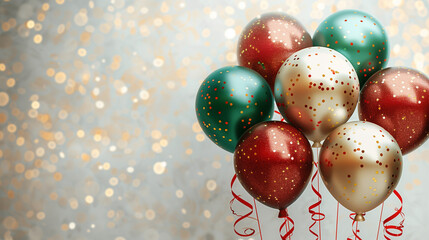 Holiday background with golden green and red metallic balloons, confetti and ribbons. Festive card for birthday party, anniversary, new year, christmas or other events.