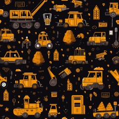 Charming seamless pattern featuring hand-drawn baby toy illustrations and construction equipment