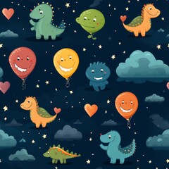 Adorable kids dinosaur themed pattern with flying dinosaurs on balloons, stars, and clouds